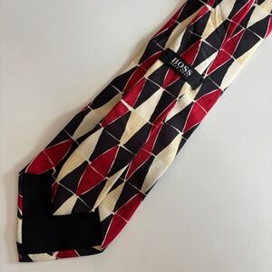 HUGO BOSS Tie Mens OS Red Black Cream Geometric Harlequin Silk Made in Italy